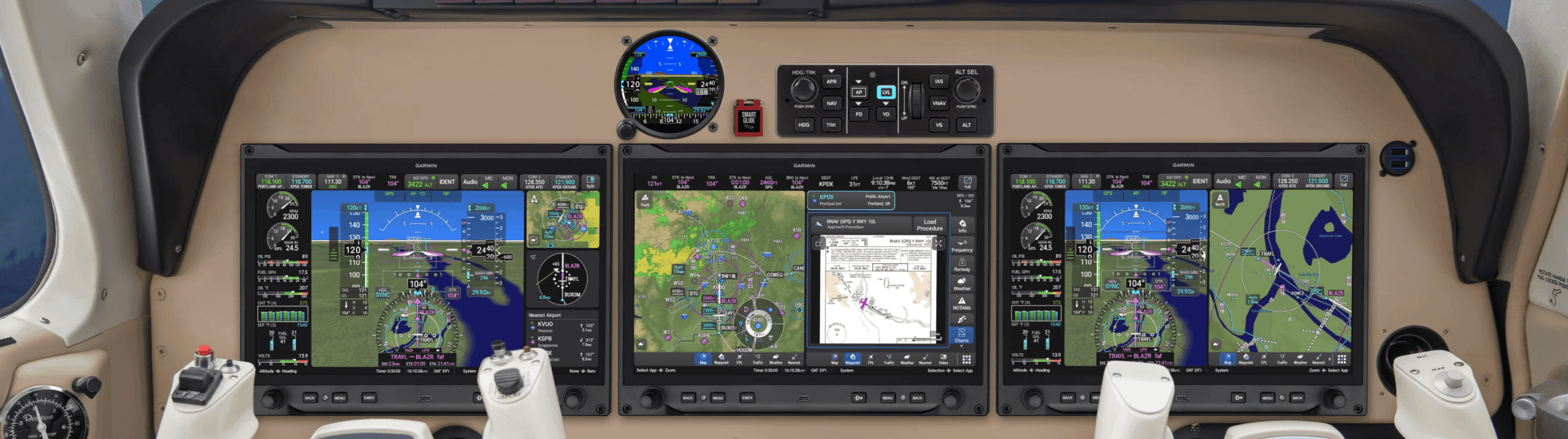Garmin AXIS Flight Display System with three touchscreen displays installed in a piston aircraft panel
