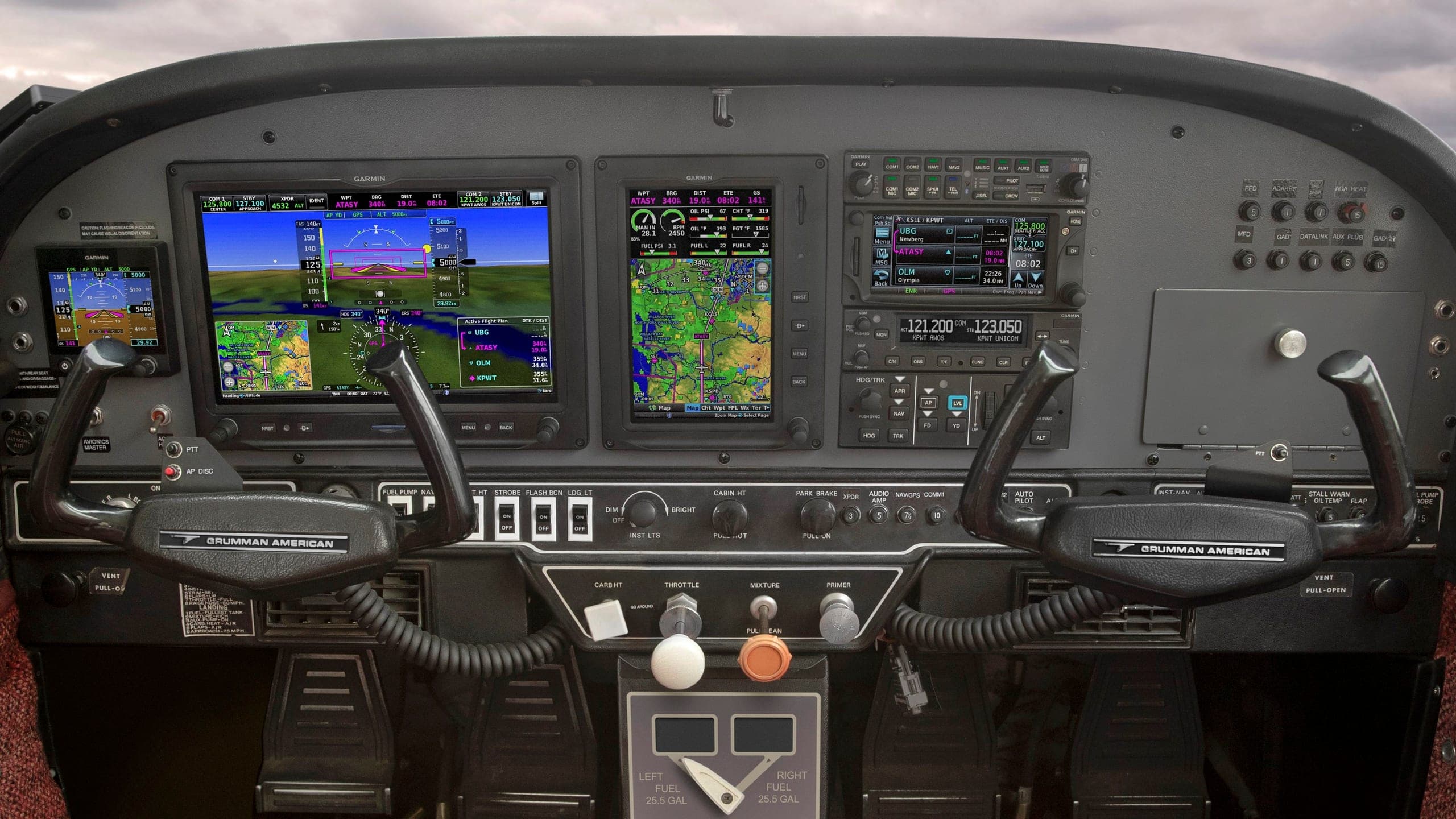 Garmin G3X Touch retrofit with dual touchscreen displays, GTN navigator, and GFC autopilot controller installed in a Grumman American panel