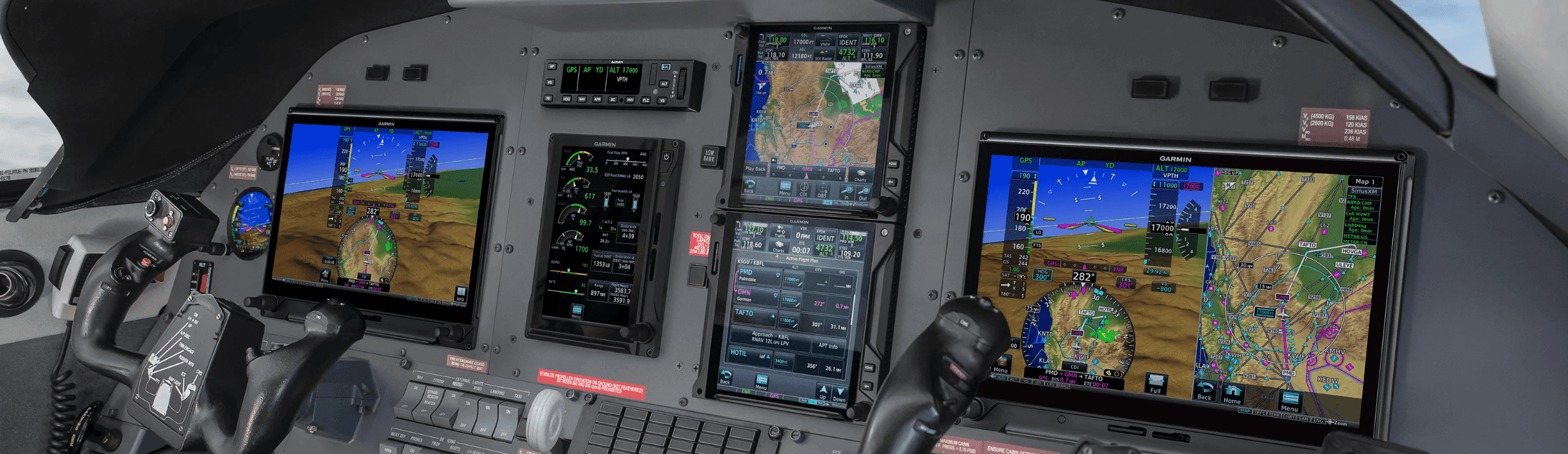 Garmin G600 TXi flight displays with engine indication, dual GTN navigators, and GFC autopilot controller installed in a turboprop panel