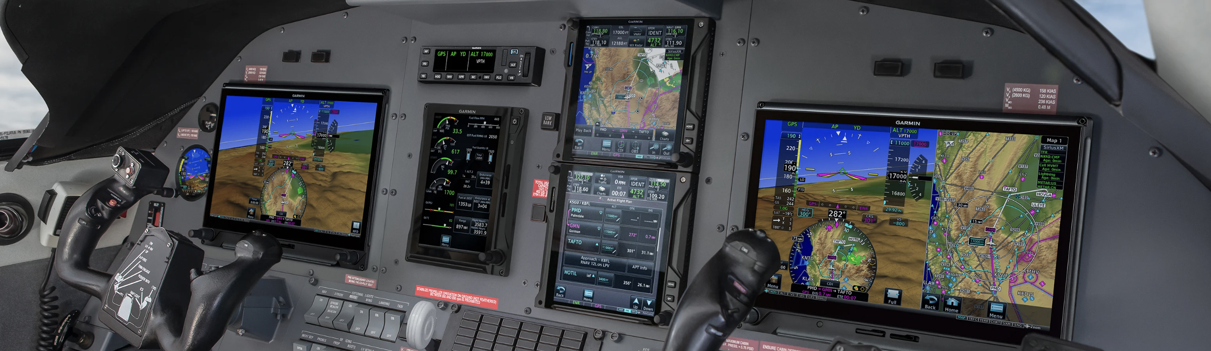 Garmin G600 TXi flight displays with engine indication, dual GTN navigators, and GFC autopilot controller installed in a turboprop panel